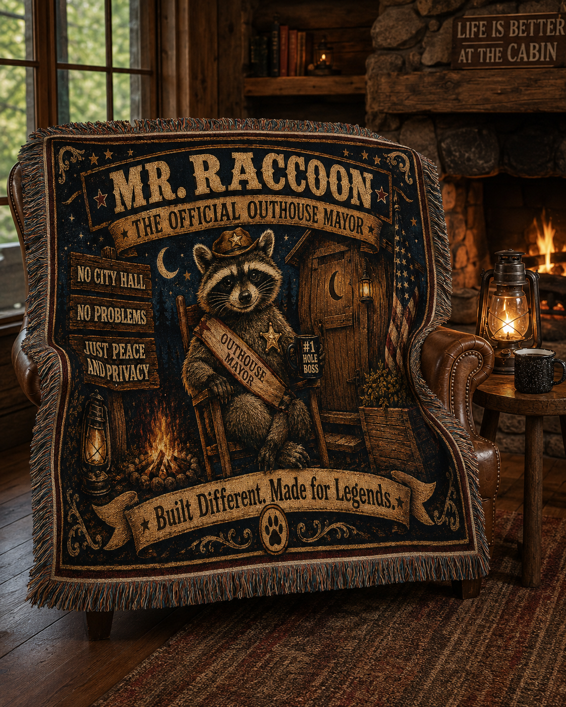 Mr. Raccoon — Official OutHouse Mayor Woven Blanket | Rustic Gen X Cabin Throw