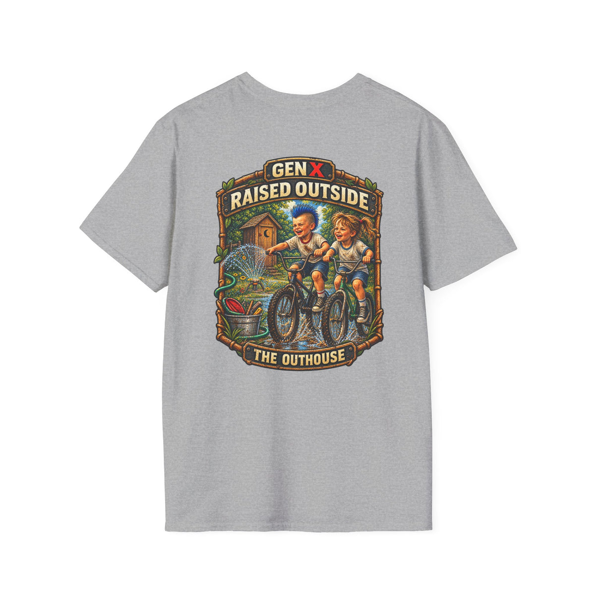 Gen X "Raised Outside" T-Shirt — Retro Outhouse Vintage Graphic Tee
