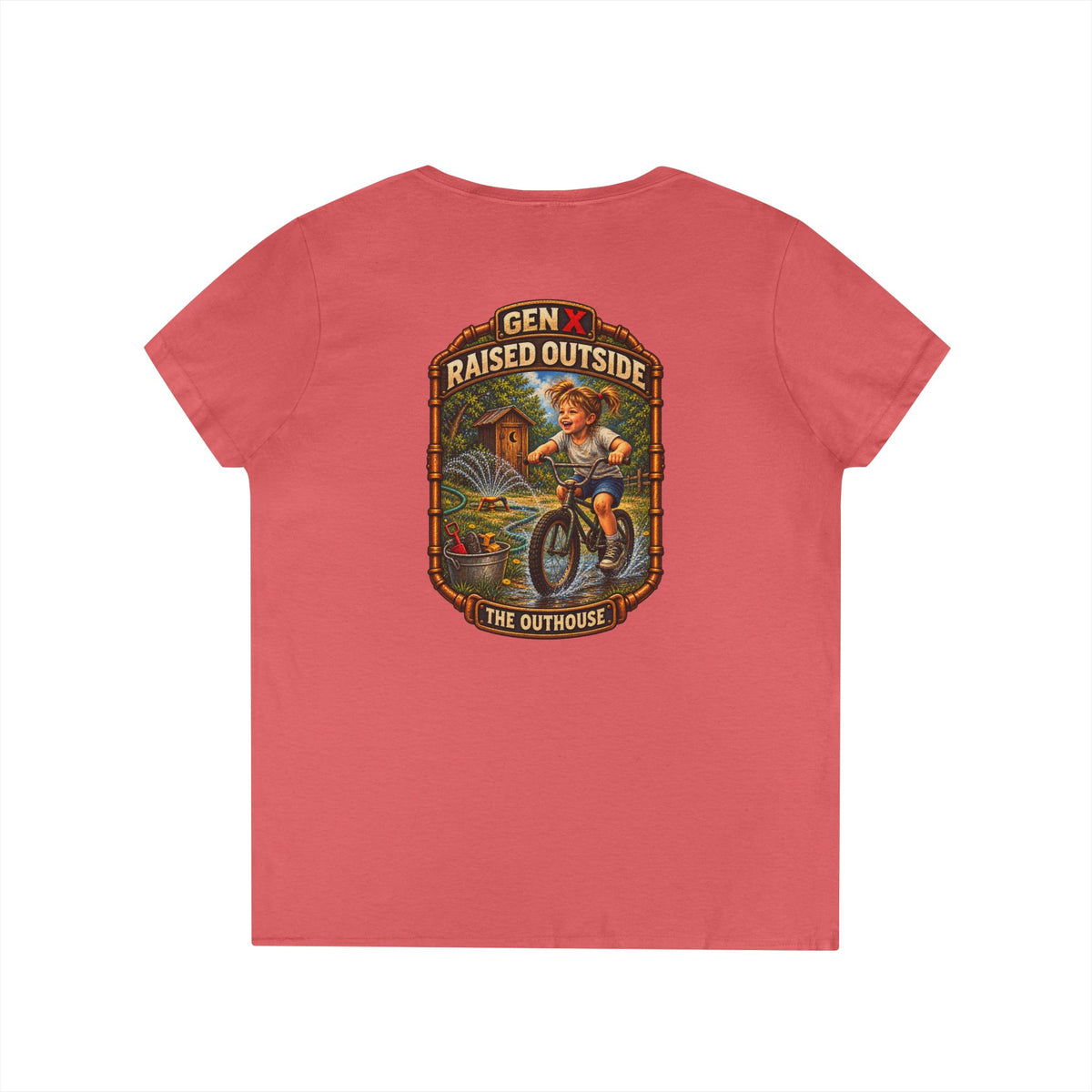 Gen X Raised Outside V‑Neck Tee — "Raised Outside" Retro Bike Graphic