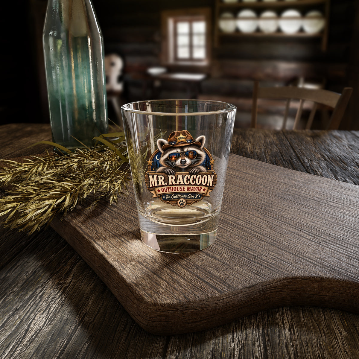 Mr. Raccoon Outhouse Mayor Shot Glass — Funny Gen X Novelty Shooter