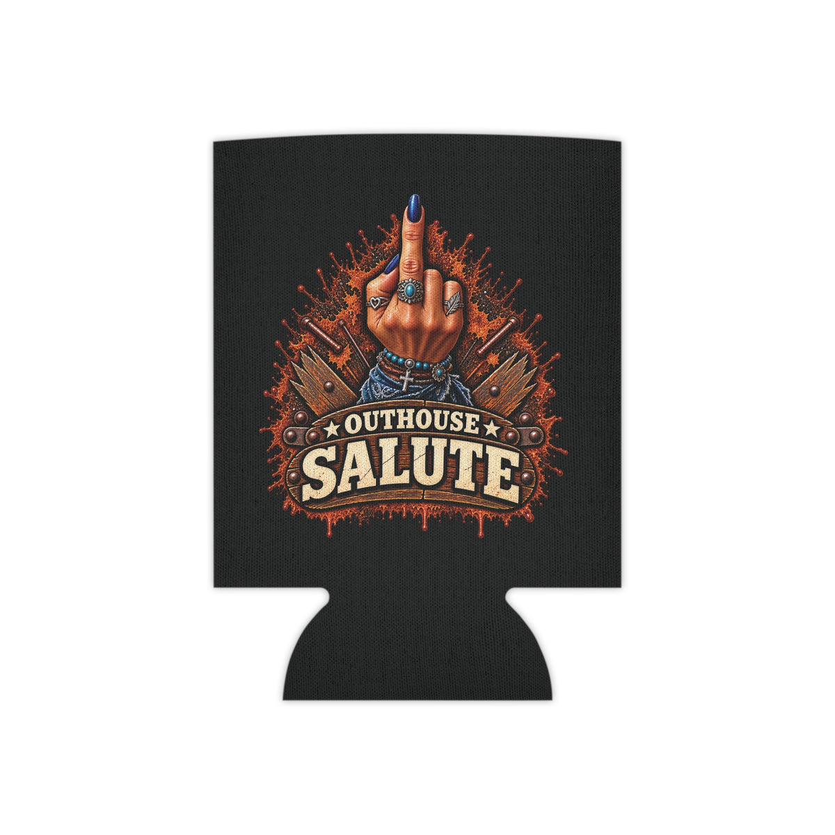 Outhouse Salute Women’s Can Cooler — Funny Gen X Neoprene Koozie