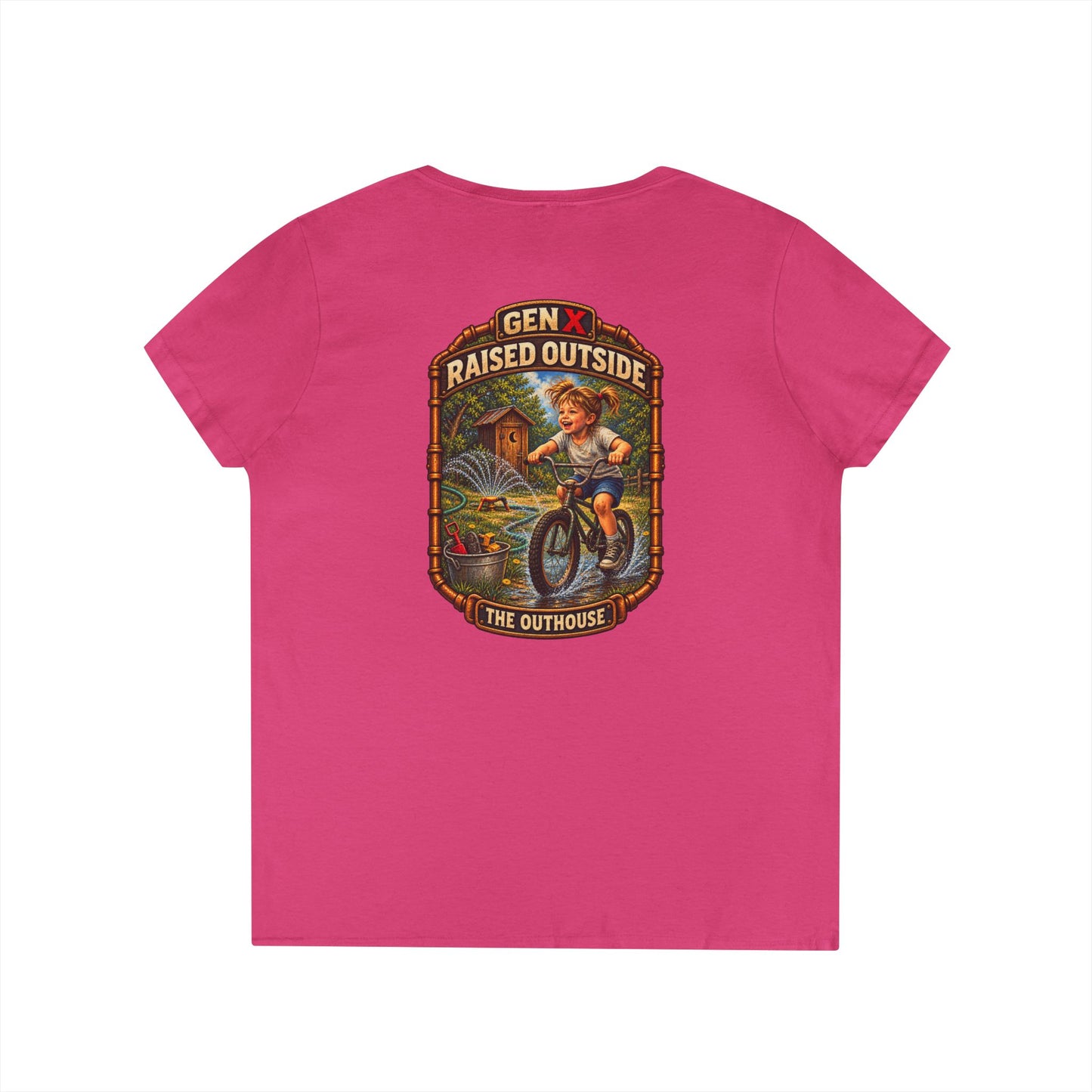 Gen X Raised Outside V‑Neck Tee — "Raised Outside" Retro Bike Graphic