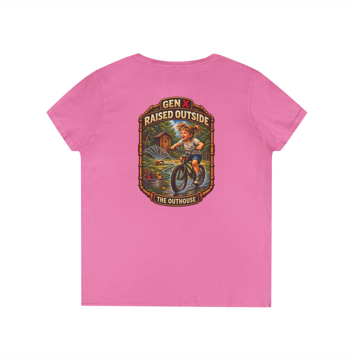 Gen X Raised Outside V‑Neck Tee — "Raised Outside" Retro Bike Graphic
