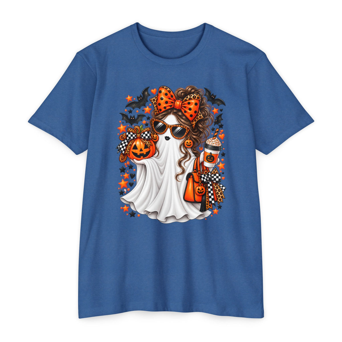 Cute Halloween Ghost T-Shirt – Orange Leopard Pumpkin Boo Tee for Women