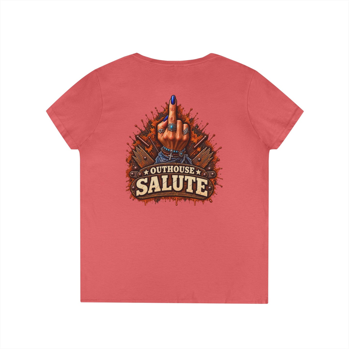 Outhouse Salute V-Neck Tee — Bold Back Graphic Ladies' T-Shirt