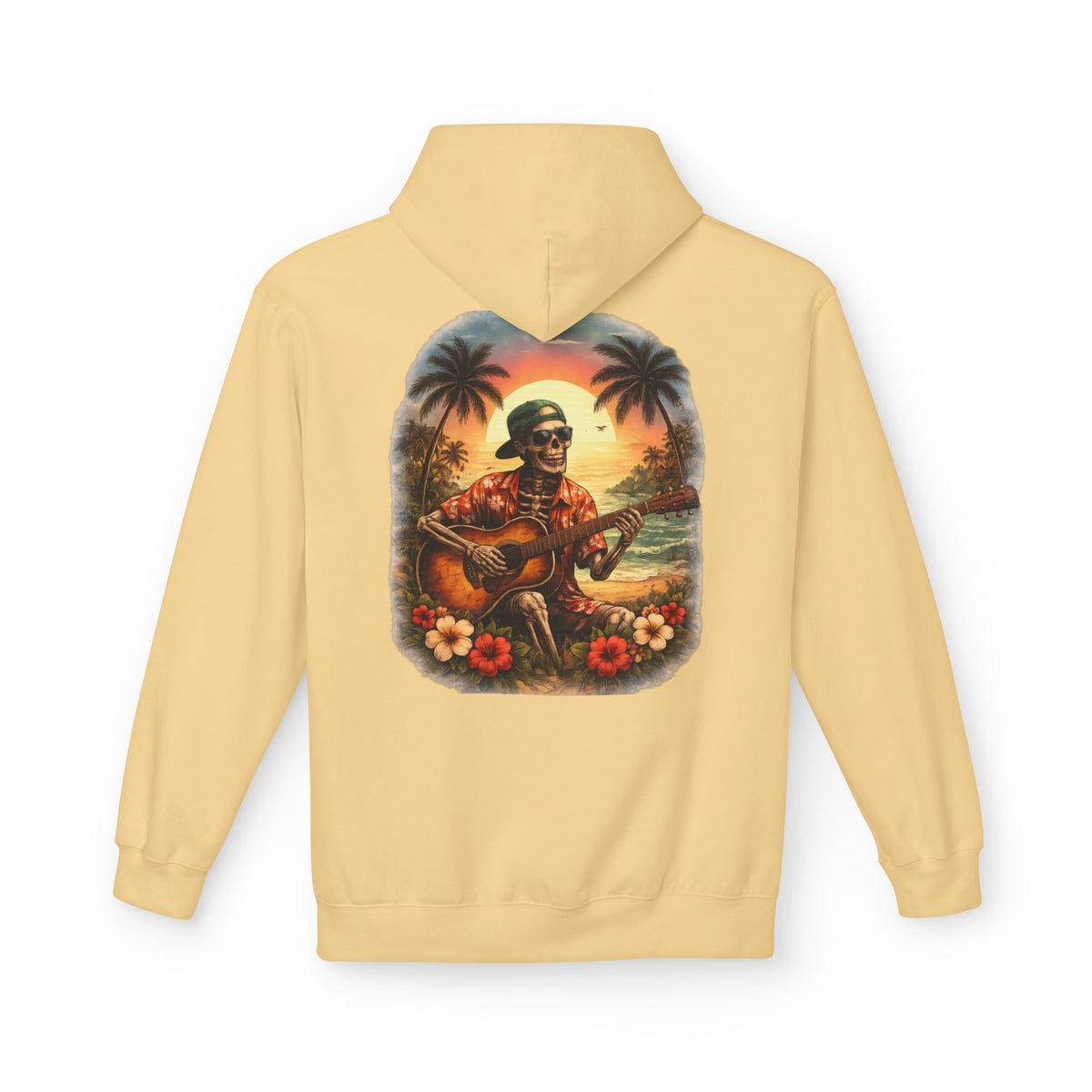 Hawaiian Skeleton Guitar Hoodie — Sunset Palm Vintage Rock Pullover
