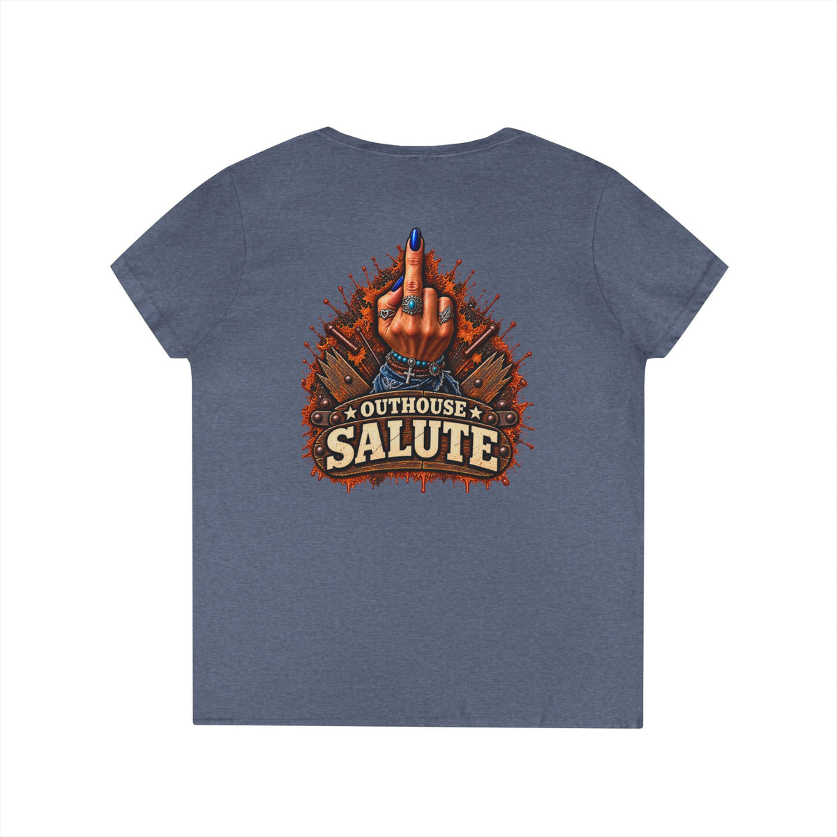 Outhouse Salute V-Neck Tee — Bold Back Graphic Ladies' T-Shirt