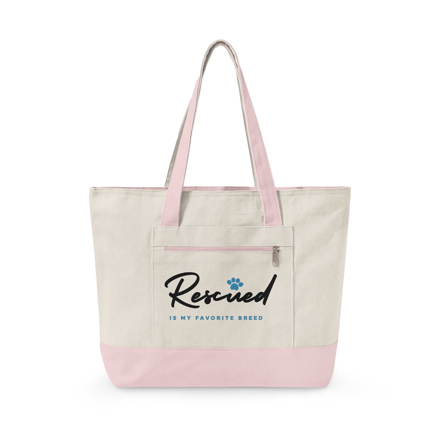 Canvas Tote Bag – "Rescued is My Favorite Breed" Zippered Reusable Shopper