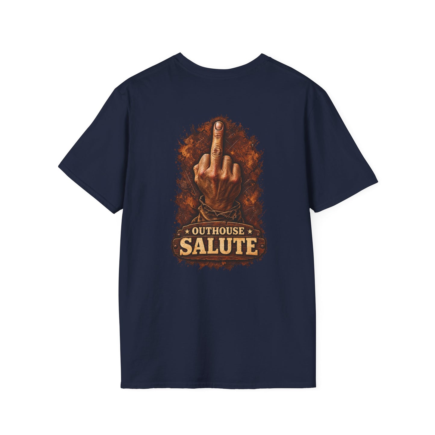 Outhouse Salute T-Shirt — Rustic Hand Gesture Graphic Tee