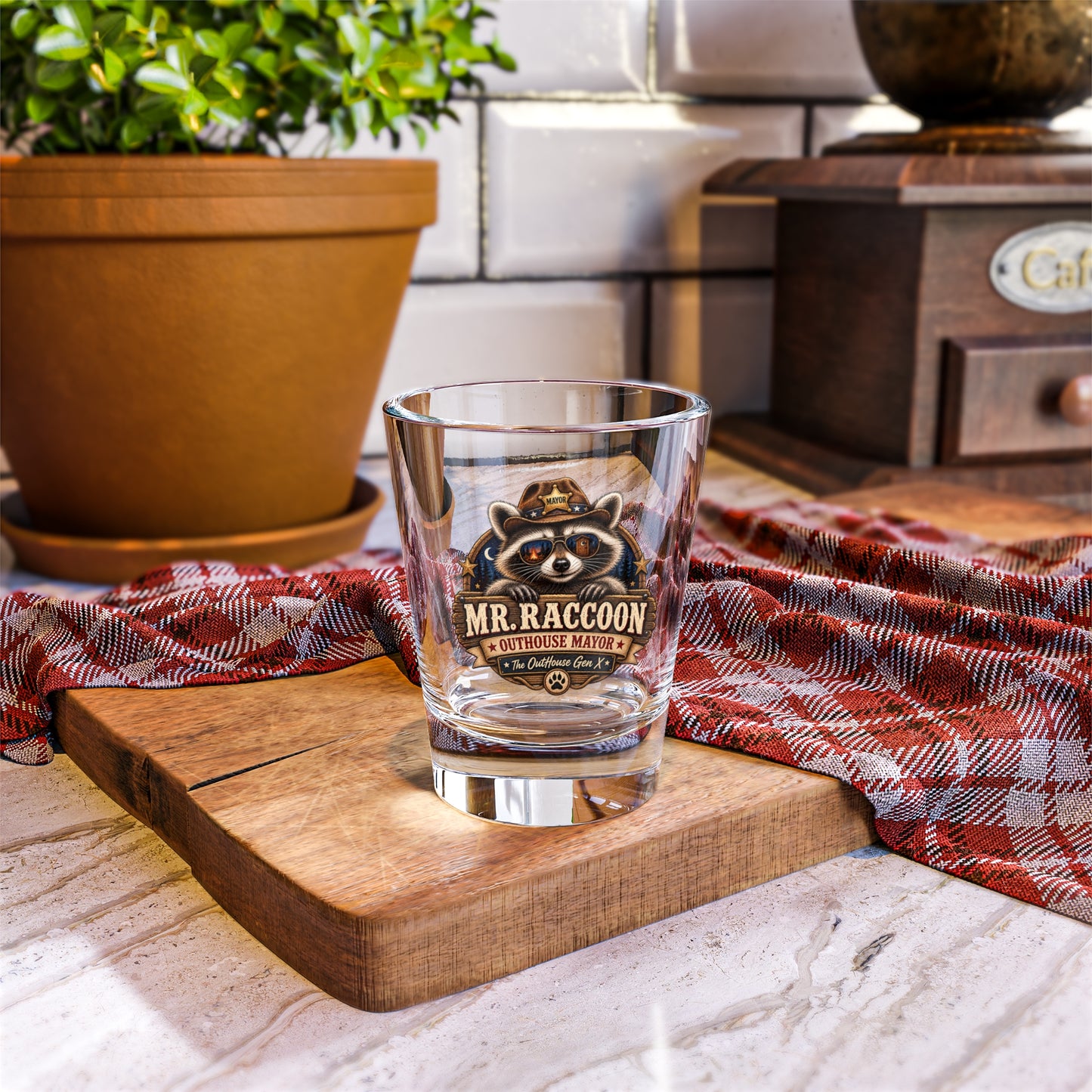 Mr. Raccoon Outhouse Mayor Shot Glass — Funny Gen X Novelty Shooter
