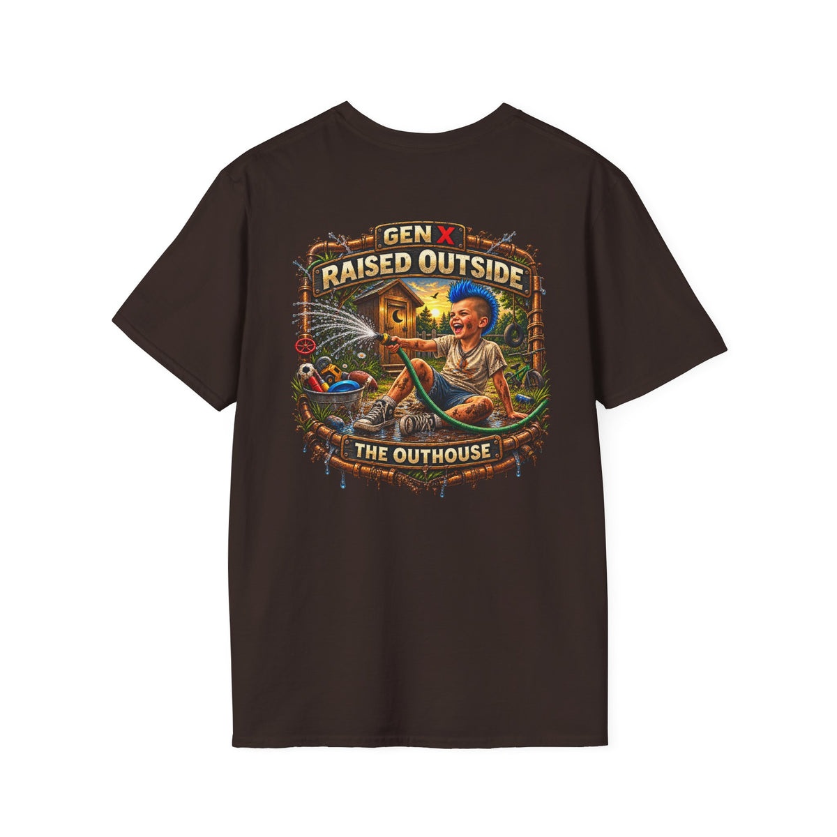 Raised Outside Outhouse Tee — Gen X Retro Outdoor Humor T-Shirt