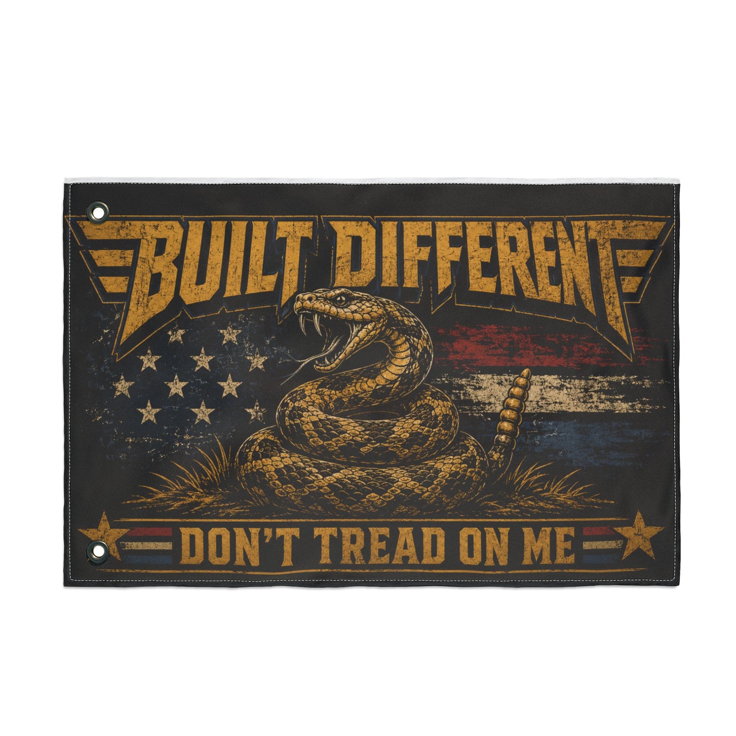 Built Different Don’t Tread on Me Flag | Gen X Distressed Americana Snake Flag | Rustic Patriotic Double-Sided Flag