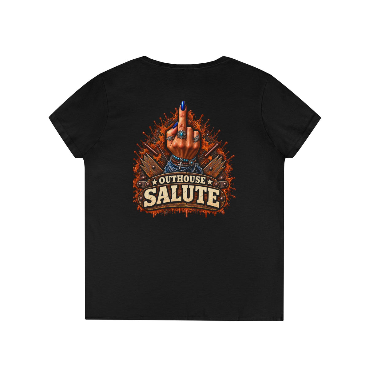 Outhouse Salute V-Neck Tee — Bold Back Graphic Ladies' T-Shirt