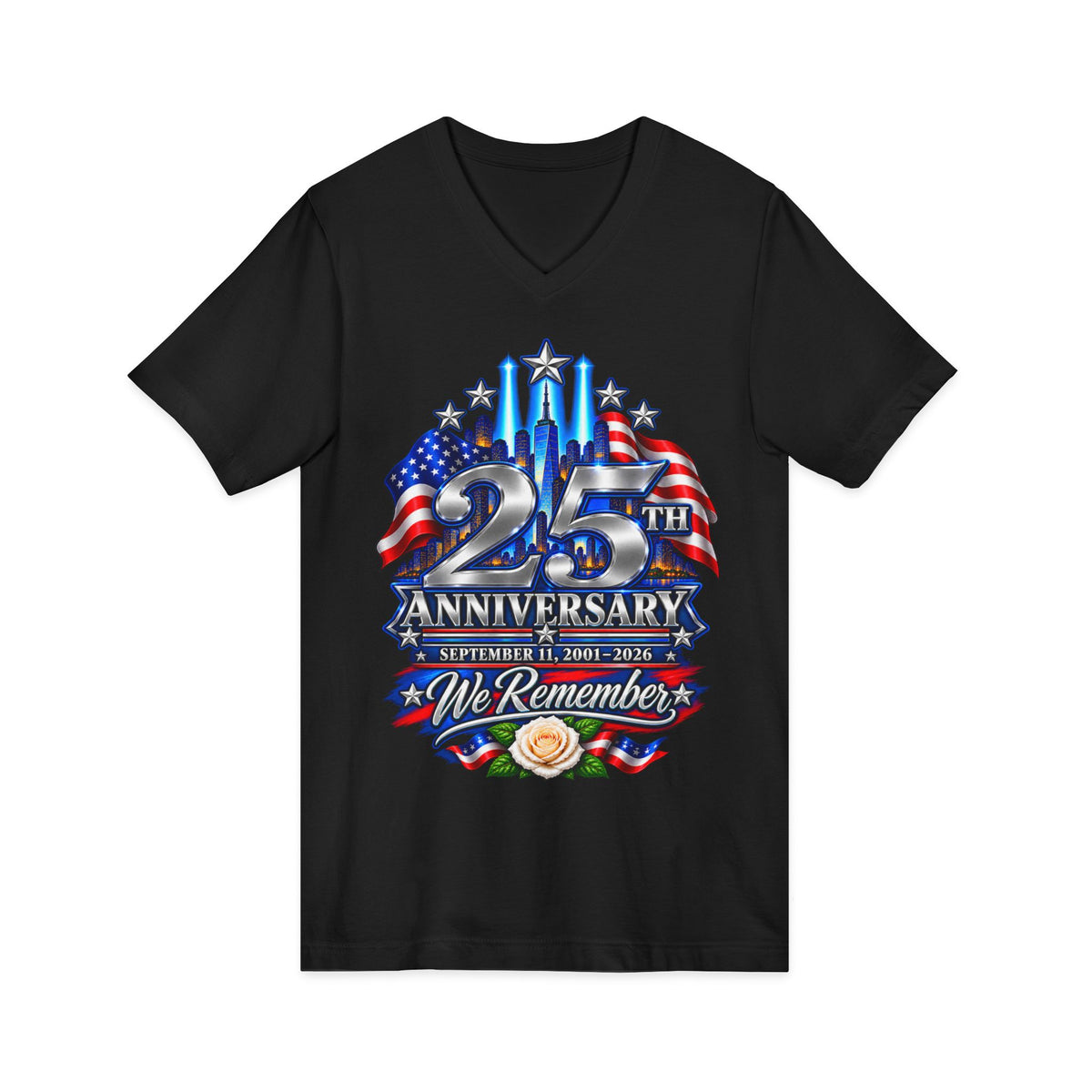 September 11 25th Anniversary Women’s V-Neck Tee — We Remember 2001–2026
