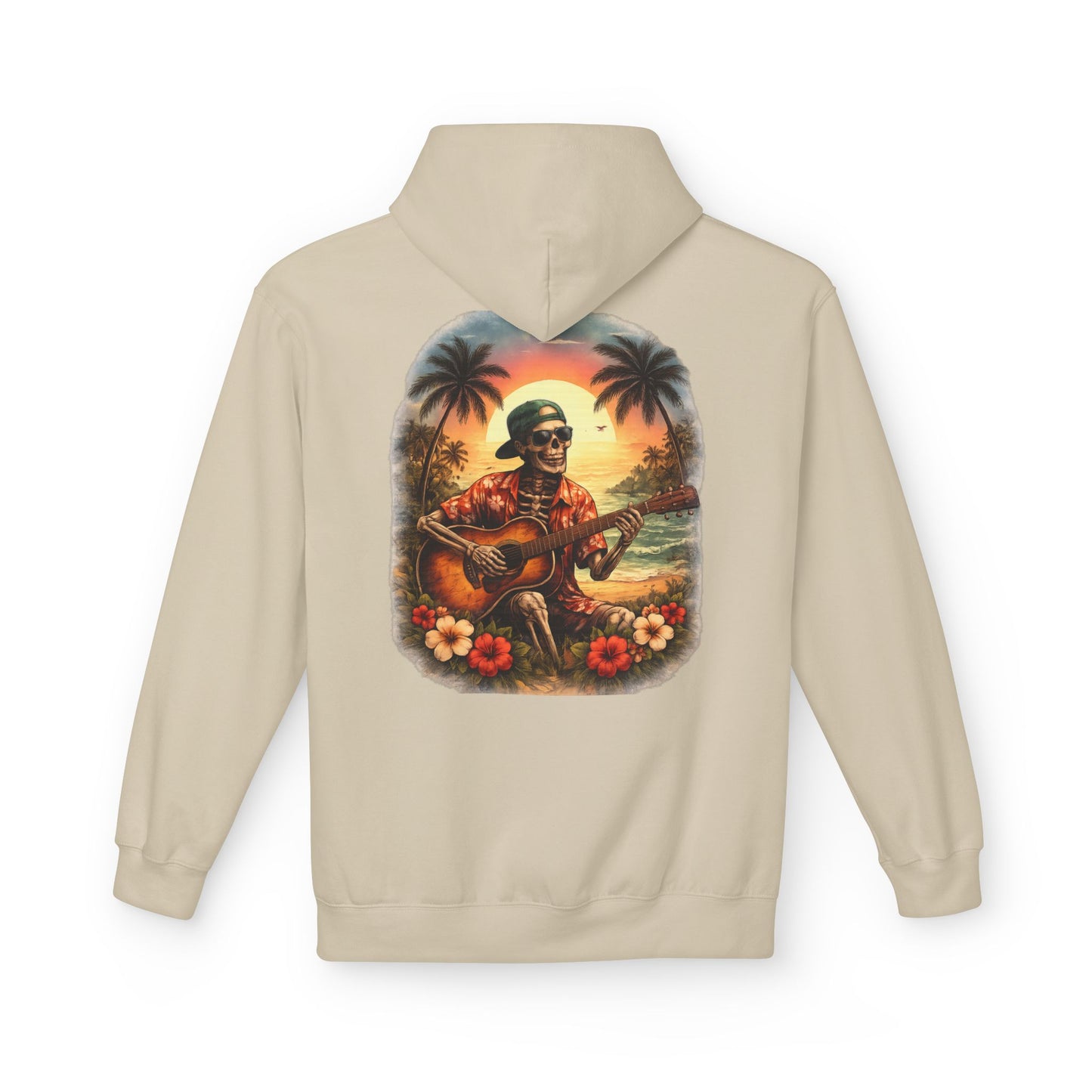 Hawaiian Skeleton Guitar Hoodie — Sunset Palm Vintage Rock Pullover