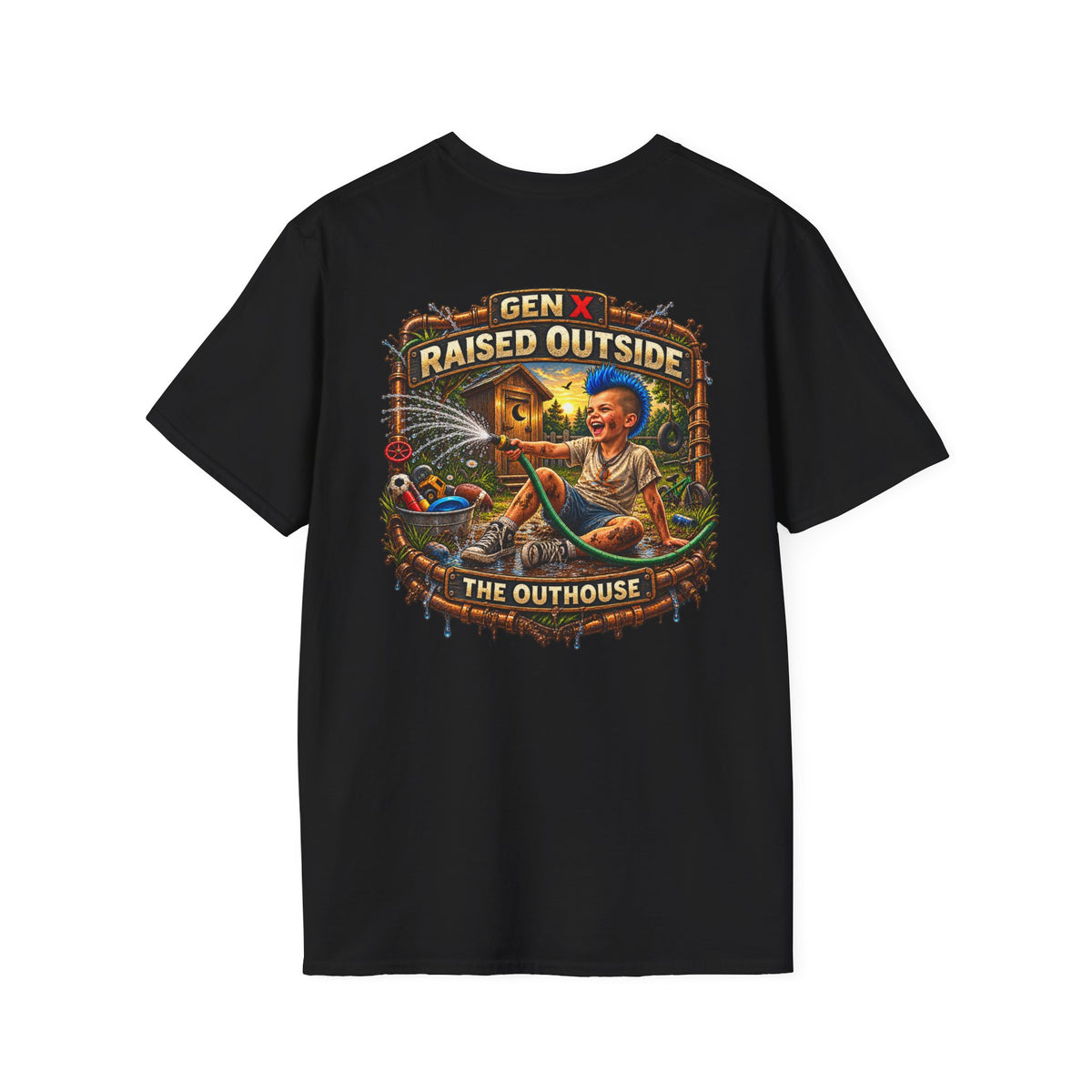 Raised Outside Outhouse Tee — Gen X Retro Outdoor Humor T-Shirt