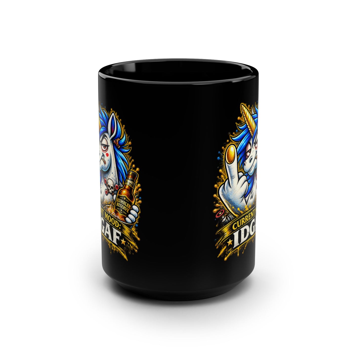 Current Mood IDGAF 15oz Black Mug — Funny Gen X Unicorn Coffee Cup