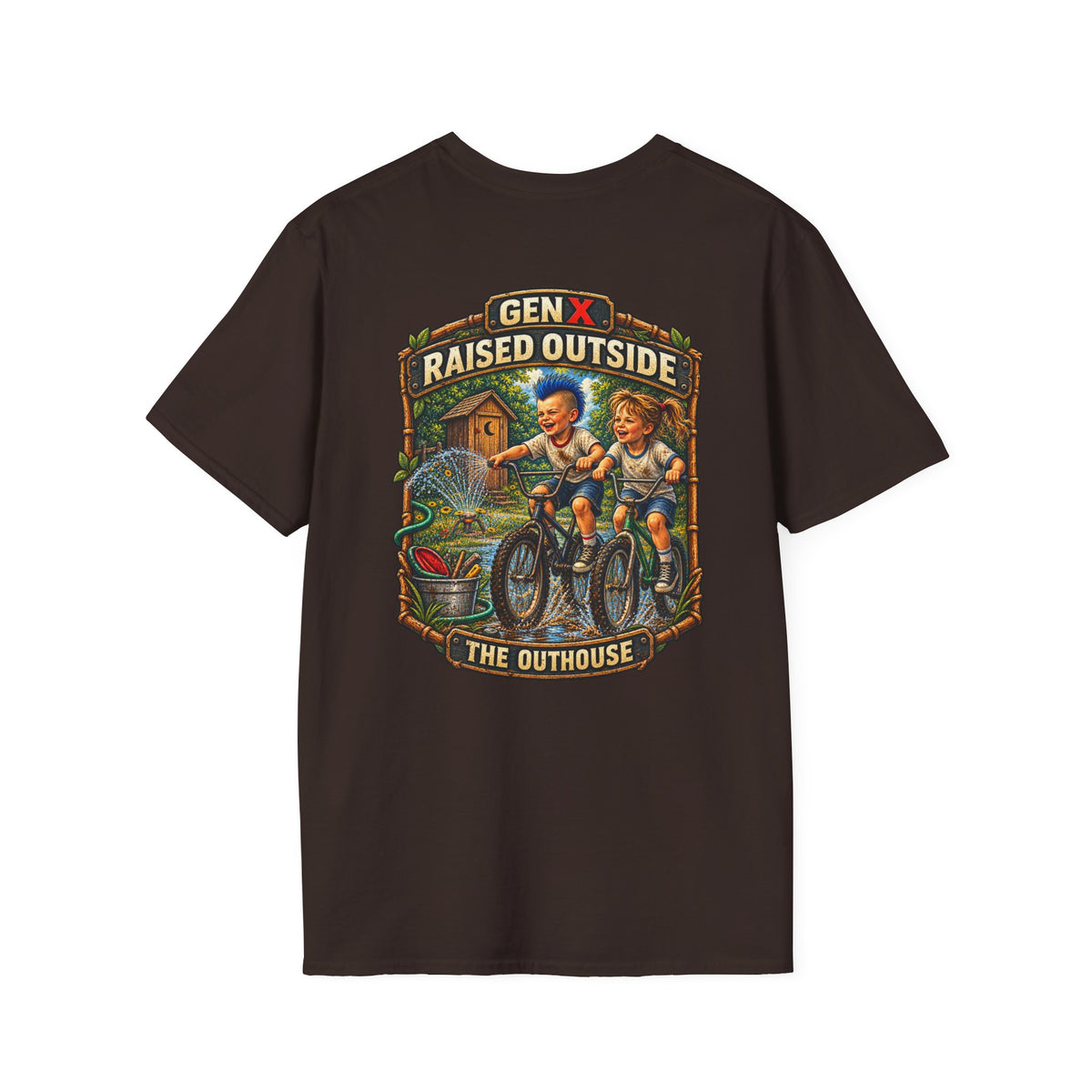 Gen X "Raised Outside" T-Shirt — Retro Outhouse Vintage Graphic Tee