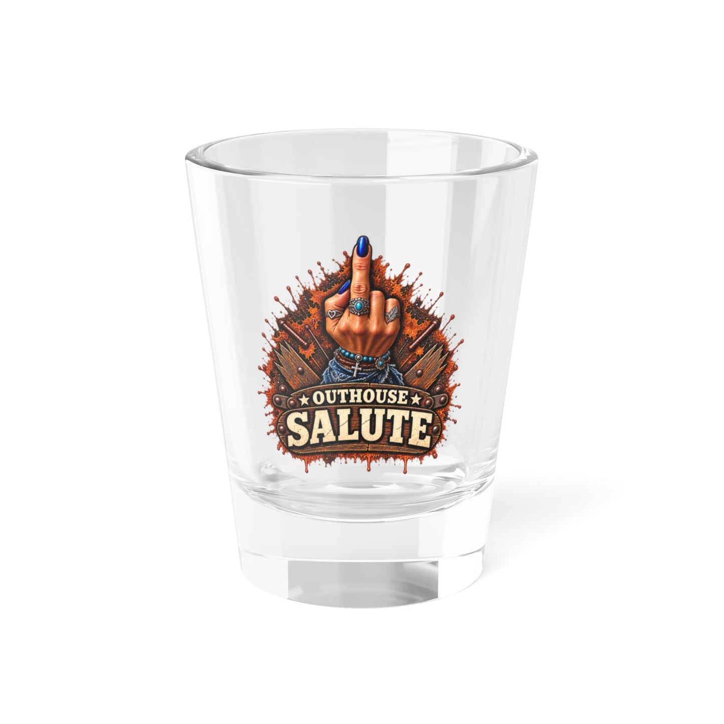 Outhouse Salute Shot Glass — Funny Gen X Novelty Shooter