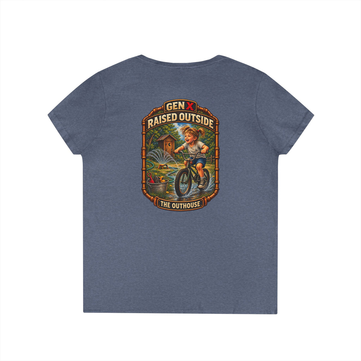 Gen X Raised Outside V‑Neck Tee — "Raised Outside" Retro Bike Graphic