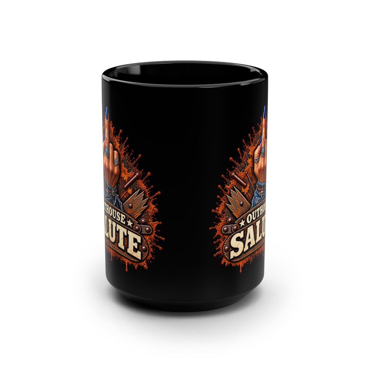 Outhouse Salute 15oz Black Mug — Funny Gen X Women’s Middle Finger Coffee Cup