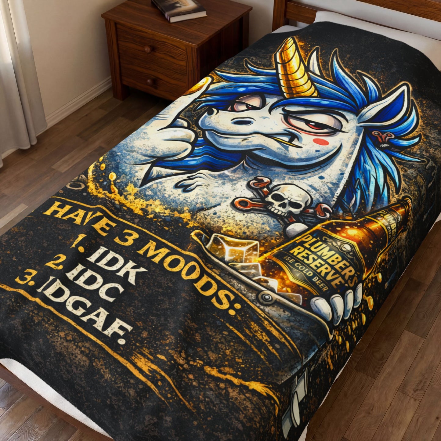 Velveteen Plush Blanket — Funny Unicorn ‘I Have 3 Moods: IDK, IDC, IDGAF’ Throw