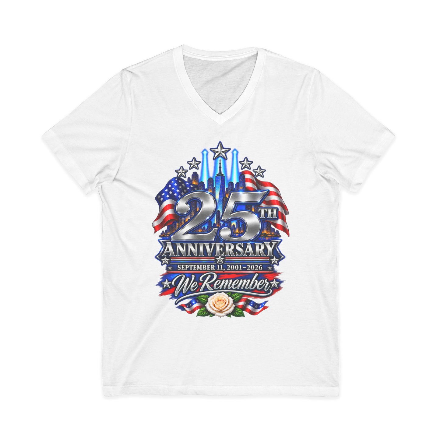 September 11 25th Anniversary Women’s V-Neck Tee — We Remember 2001–2026