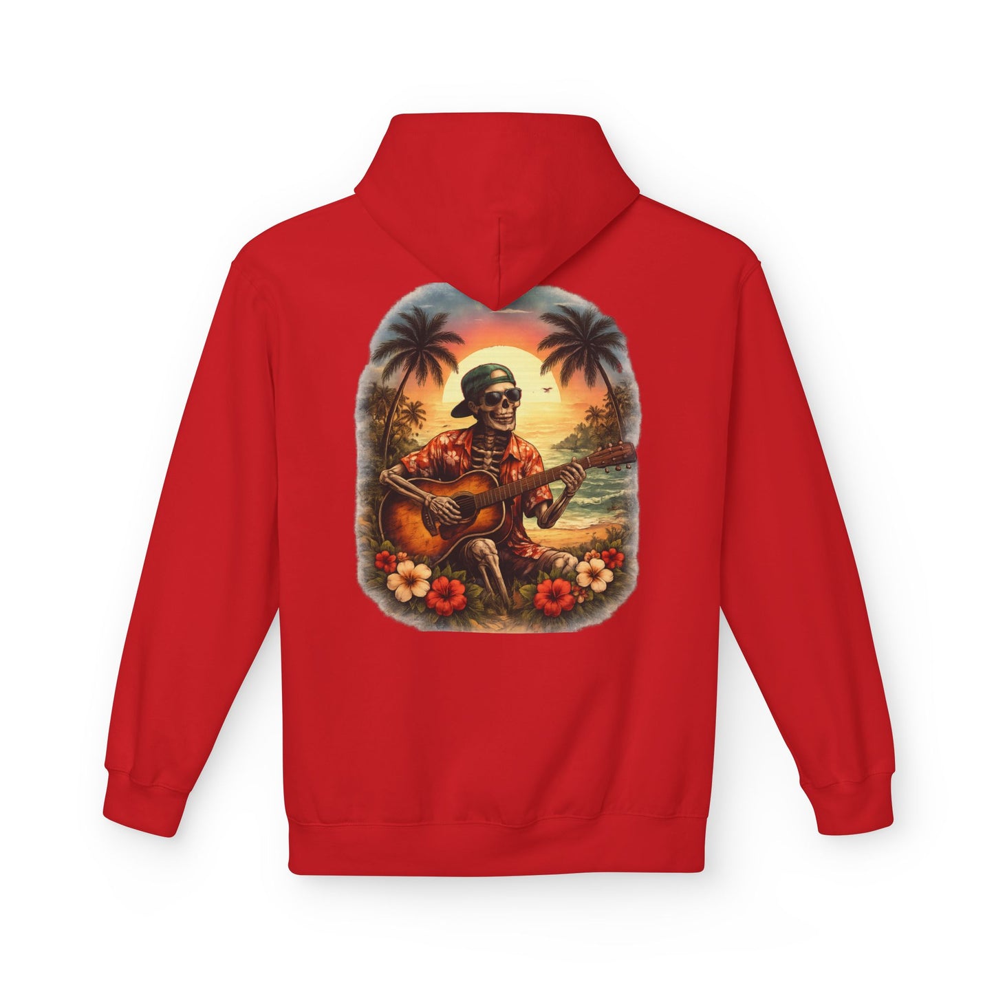 Hawaiian Skeleton Guitar Hoodie — Sunset Palm Vintage Rock Pullover