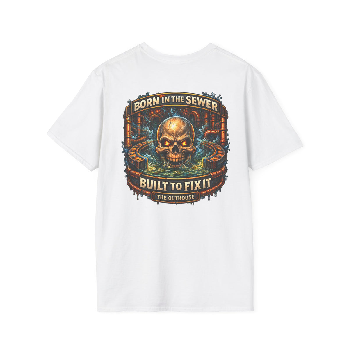 Plumber Skull T-Shirt — "Born in the Sewer, Built to Fix It" Vintage Repair Tee