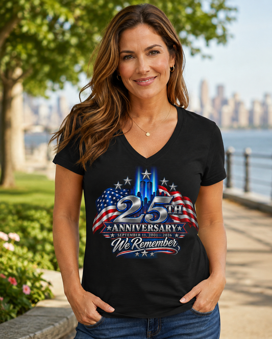September 11 25th Anniversary Women’s V-Neck Tee — We Remember 2001–2026