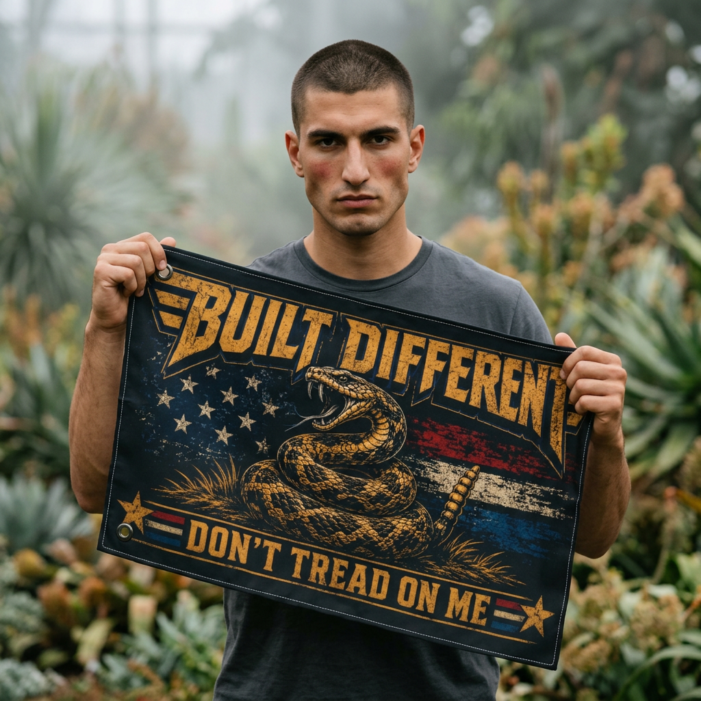 Built Different Don’t Tread on Me Flag | Gen X Distressed Americana Snake Flag | Rustic Patriotic Double-Sided Flag