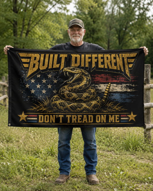 Built Different Don’t Tread on Me Flag | Gen X Distressed Americana Snake Flag | Rustic Patriotic Double-Sided Flag