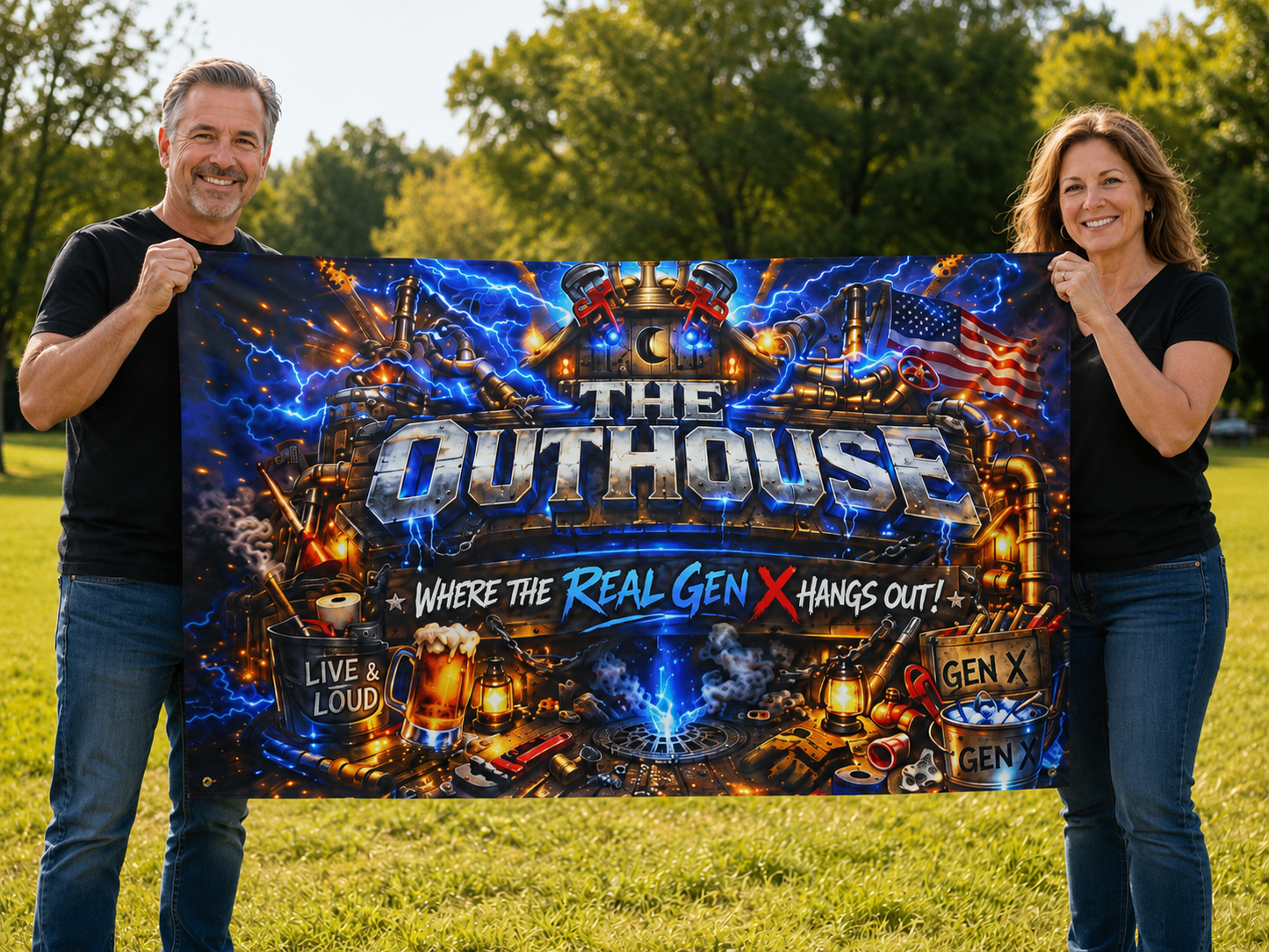 The OutHouse Gen X Flag | Where the Real Gen X Hangs Out | Built Different Garage & Man Cave Decor