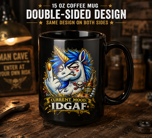 Current Mood IDGAF 15oz Black Mug — Funny Gen X Unicorn Coffee Cup