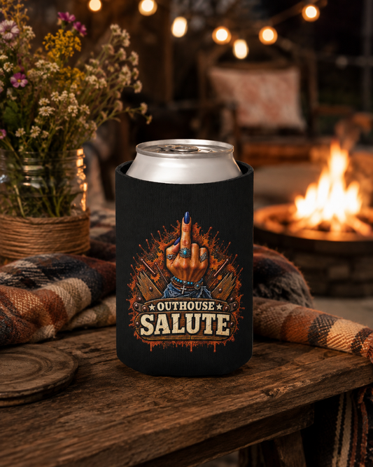 Outhouse Salute Women’s Can Cooler — Funny Gen X Neoprene Koozie