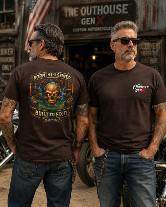 Plumber Skull T-Shirt — "Born in the Sewer, Built to Fix It" Vintage Repair Tee