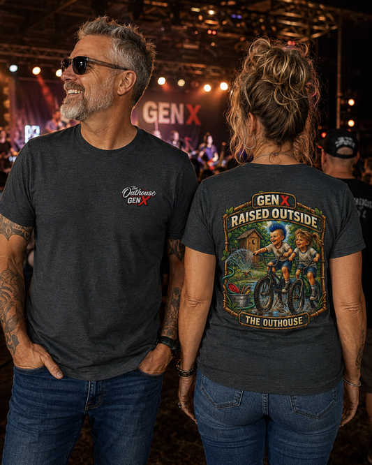Gen X "Raised Outside" T-Shirt — Retro Outhouse Vintage Graphic Tee