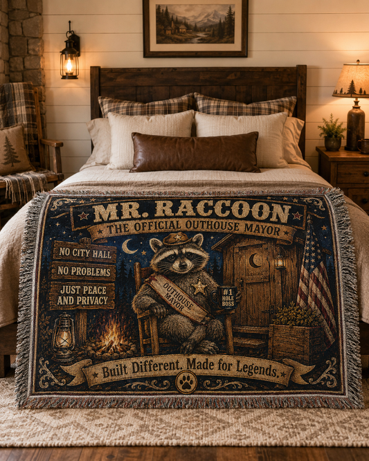 Mr. Raccoon — Official OutHouse Mayor Woven Blanket | Rustic Gen X Cabin Throw