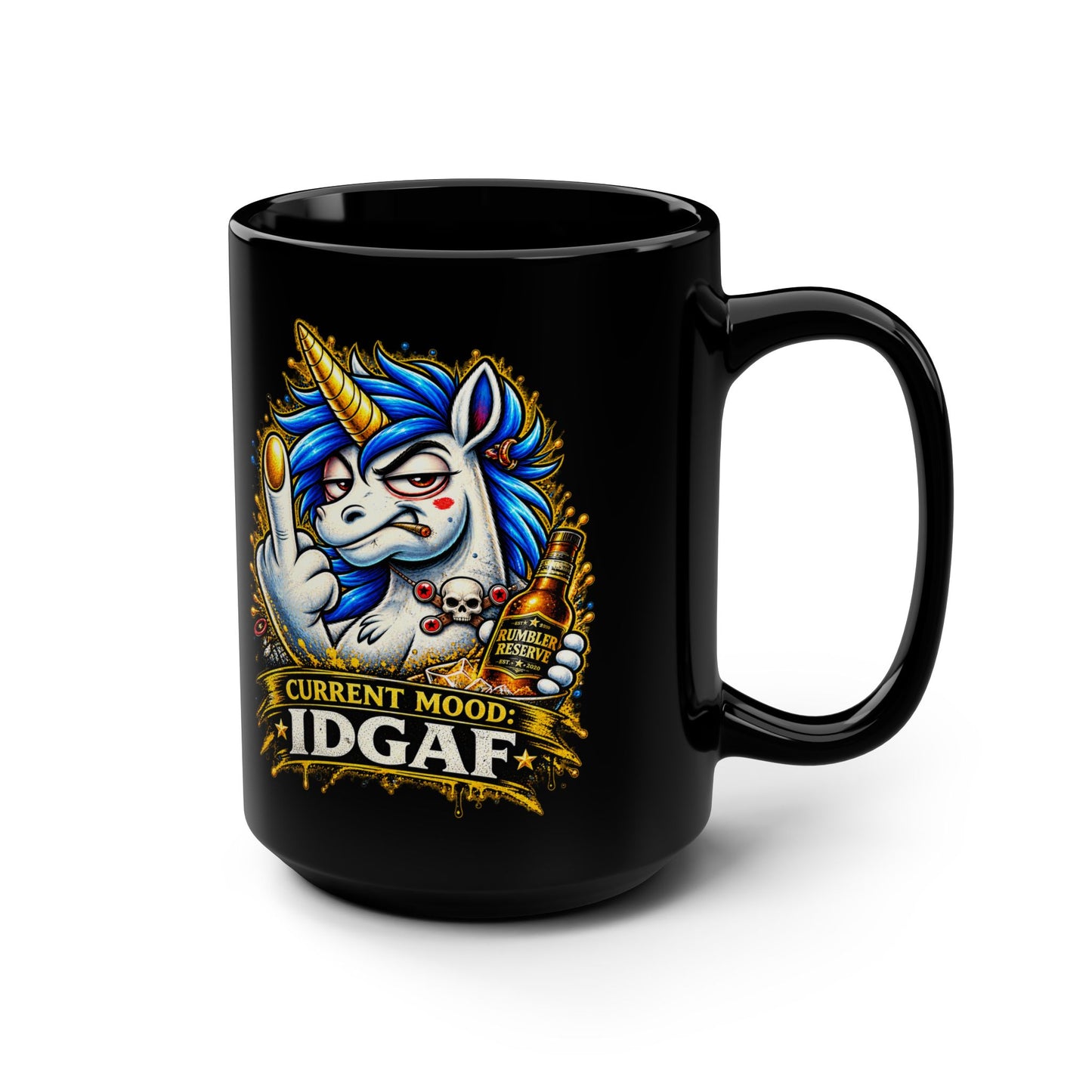 Current Mood IDGAF 15oz Black Mug — Funny Gen X Unicorn Coffee Cup