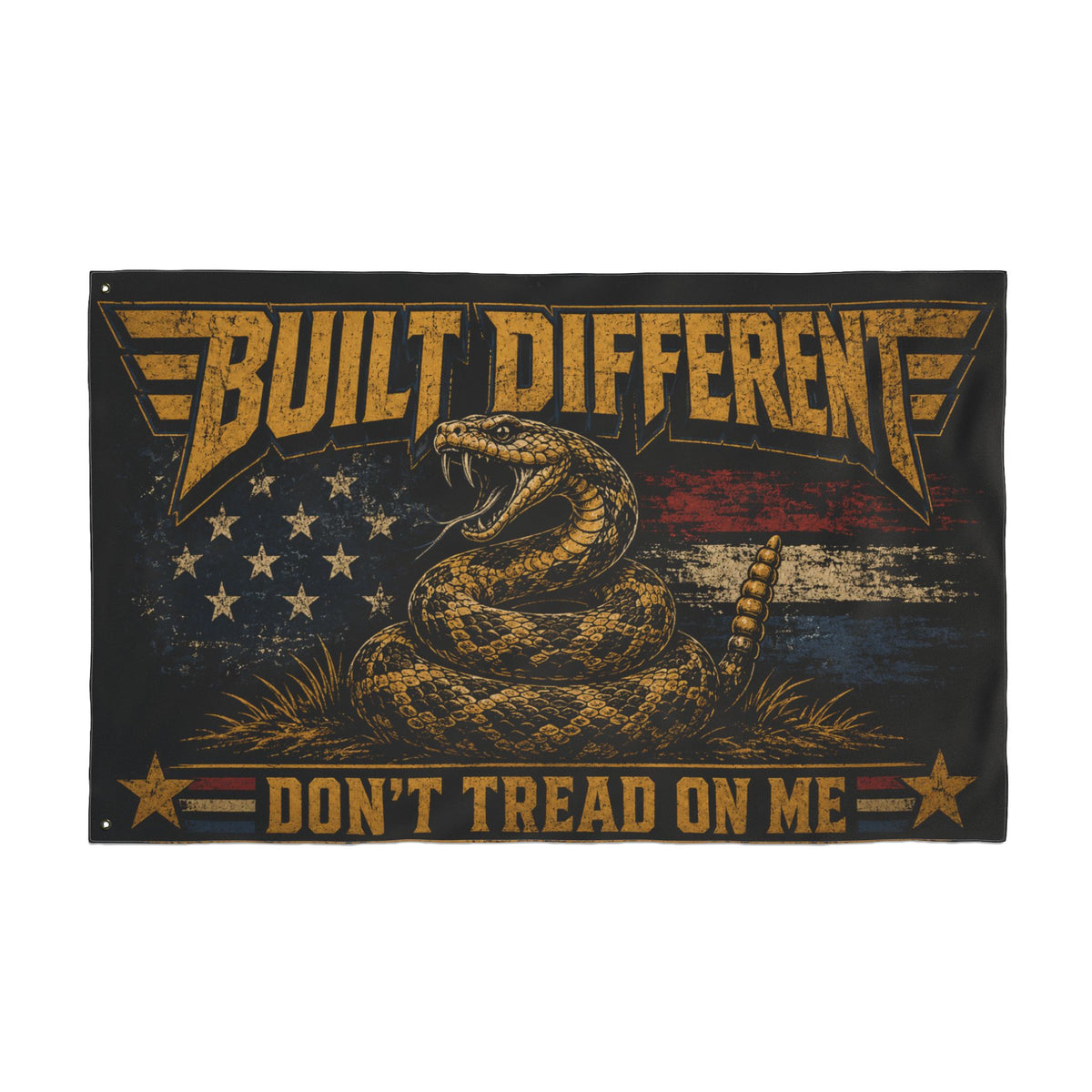 Built Different Don’t Tread on Me Flag | Gen X Distressed Americana Snake Flag | Rustic Patriotic Double-Sided Flag