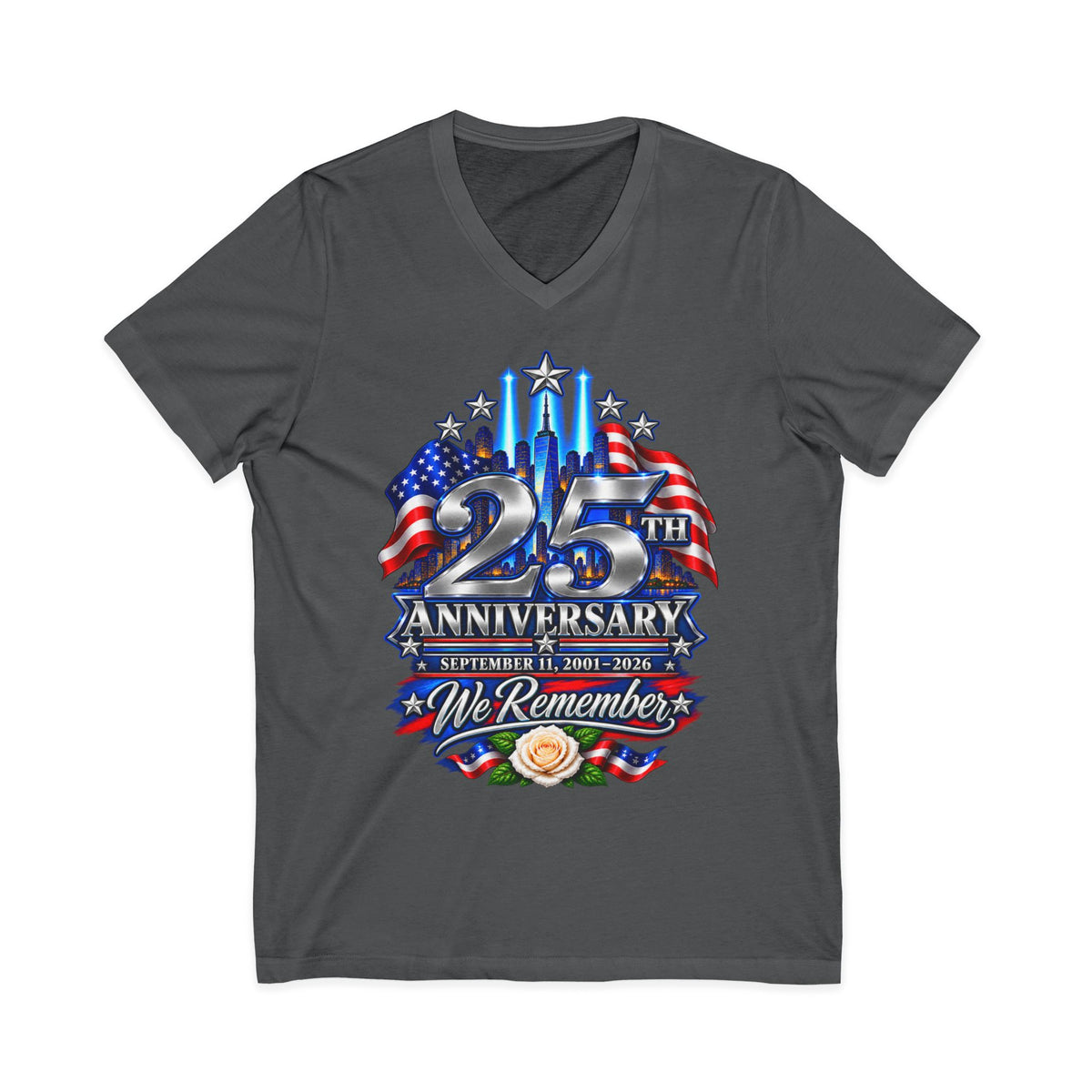 September 11 25th Anniversary Women’s V-Neck Tee — We Remember 2001–2026