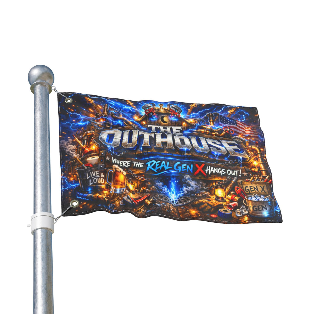 The OutHouse Gen X Flag | Where the Real Gen X Hangs Out | Built Different Garage & Man Cave Decor