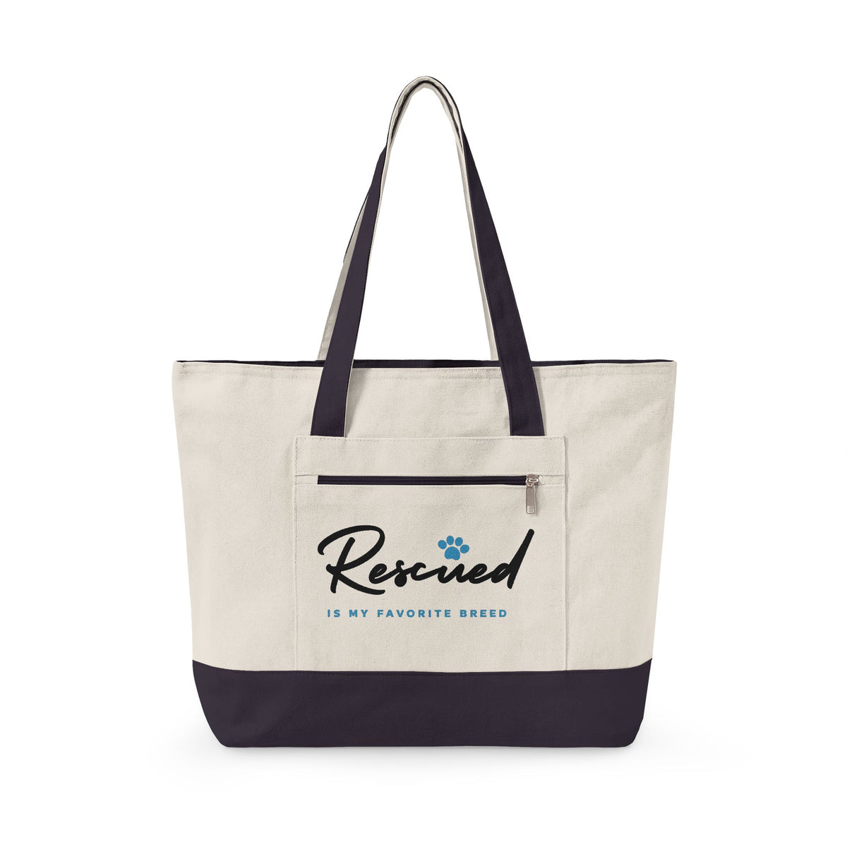 Canvas Tote Bag – "Rescued is My Favorite Breed" Zippered Reusable Shopper