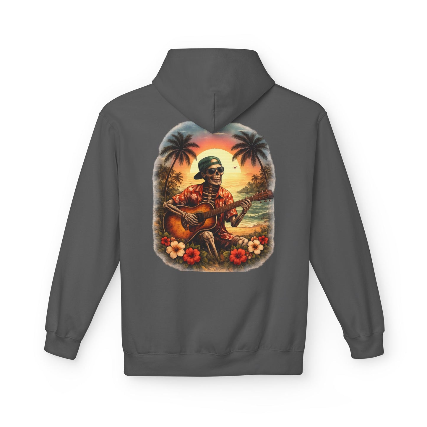 Hawaiian Skeleton Guitar Hoodie — Sunset Palm Vintage Rock Pullover