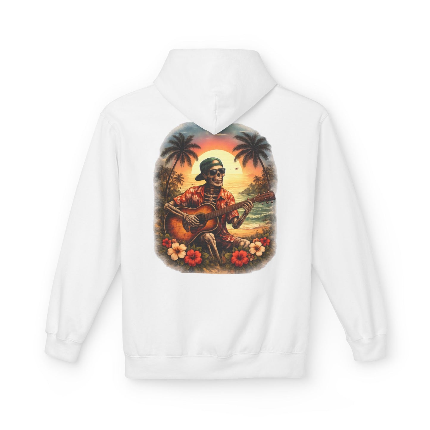 Hawaiian Skeleton Guitar Hoodie — Sunset Palm Vintage Rock Pullover