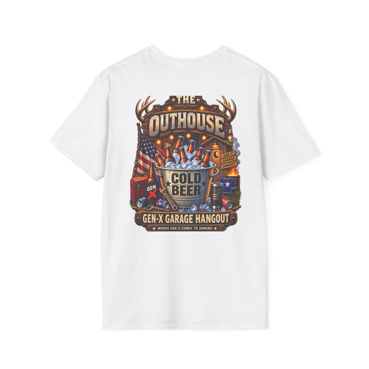 The Outhouse Cold Beer T-Shirt — Gen‑X Garage Hangout Graphic Tee