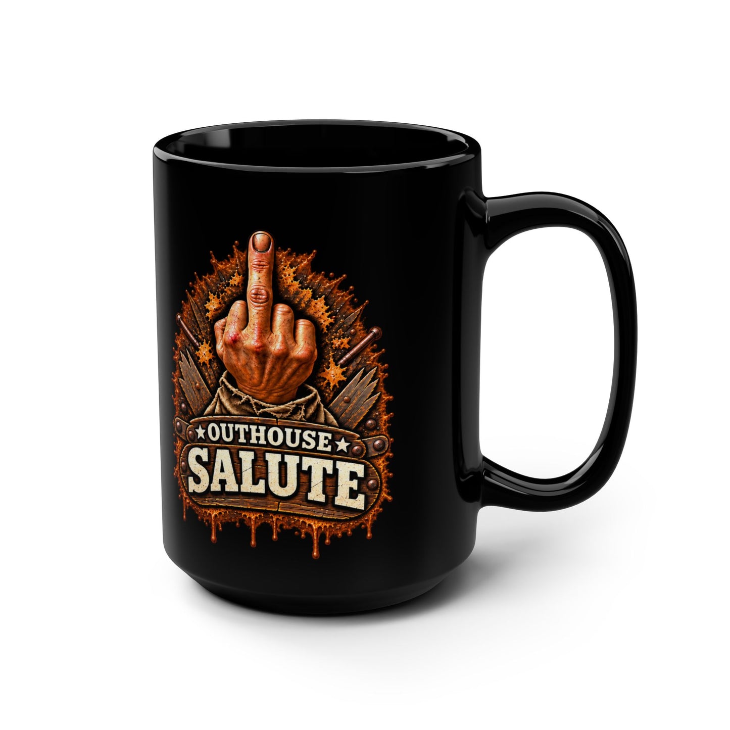 Outhouse Salute 15oz Black Mug — Funny Gen X Middle Finger Coffee Cup