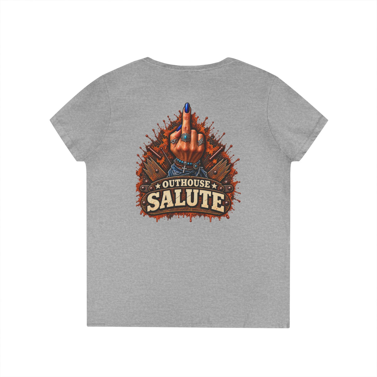Outhouse Salute V-Neck Tee — Bold Back Graphic Ladies' T-Shirt