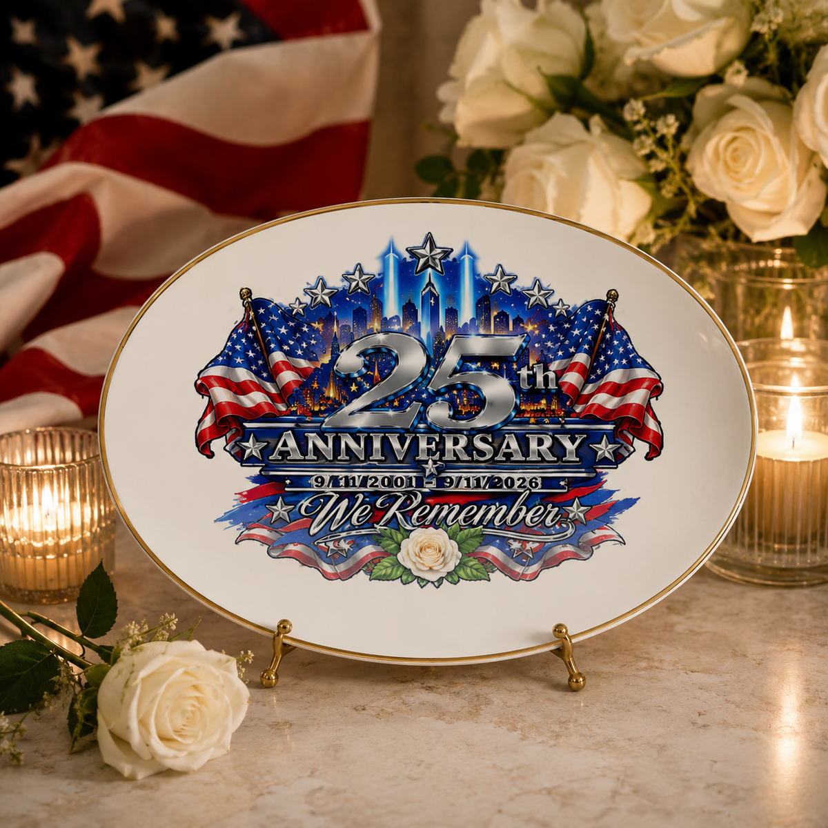 September 11 25th Anniversary Memorial Platter | We Remember 2001-2026 | Patriotic 911 Keepsake Decor