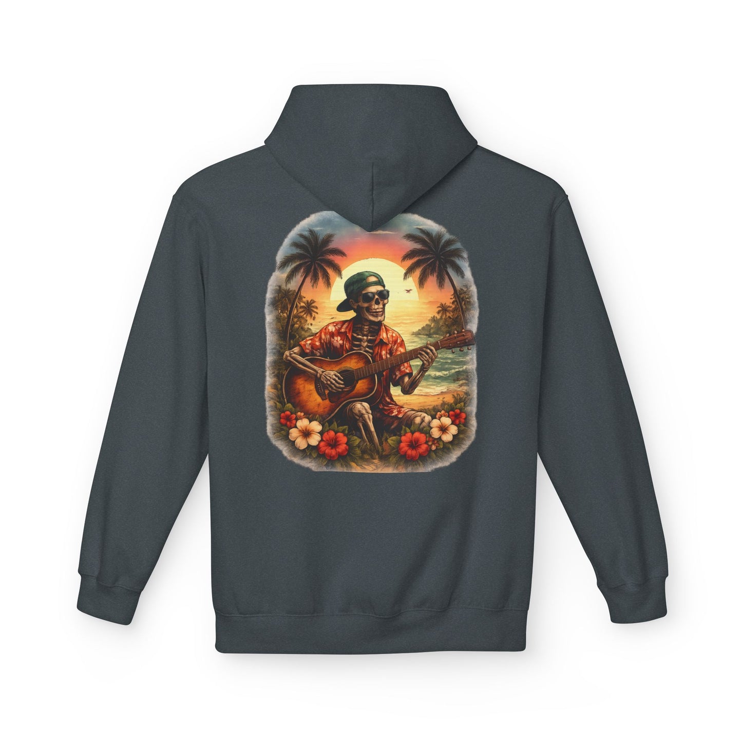 Hawaiian Skeleton Guitar Hoodie — Sunset Palm Vintage Rock Pullover